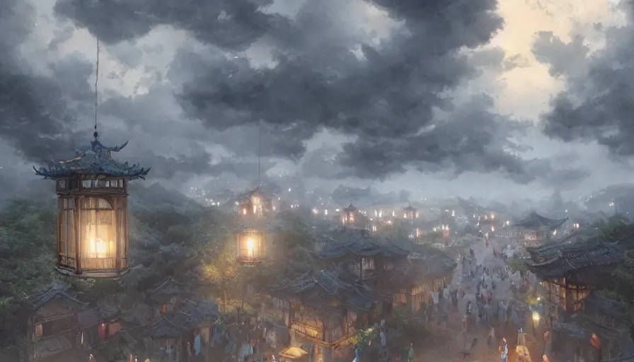 Image similar to craig mullins and wenjun lin zhongyuan festival in fujian ， lanterns in the sky ， river ， dark sky ， fire clouds ， ， village ， ghost ， unreal engine, hyper realism, realistic shading, cinematic composition, realistic render, octane render, detailed textures, photorealistic, wide shot