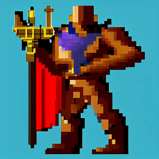 Image similar to Orc male readies his rifle, staring down the telescopic sights. His red and gold cape fluffers in the wind, and his renaissance era armor glistens in the sunshine, pixel art 128x128 MS-DOS Heroes of Might and Magic