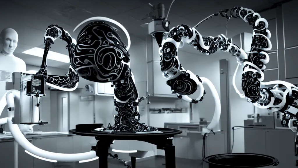 Image similar to a complex bifurcated robotic cnc surgical arm hybrid mri 3 d printer machine making swirling black and white ceramic mandlebulb mutant forms in the laboratory inspection room, film still from the movie directed by denis villeneuve with art direction by salvador dali, wide lens, f 3 2, cinematic lighting, studio quality, smooth render, unreal engine 5 rendered, octane rendered