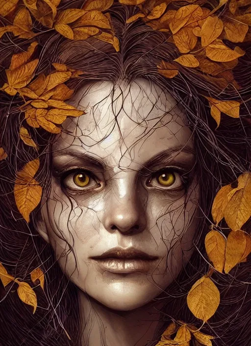 Image similar to golden leaves at frame border, creative!!! composition for a book cover!!!, absurdly beautiful, ultrafine hyperrealistic detailed old witch face by wlop and artgerm and greg rutkowski, intricate linework, sharp focus, smooth, octopath traveler, final fantasy, unreal engine, dramatic lighting, ethereal, 8 k