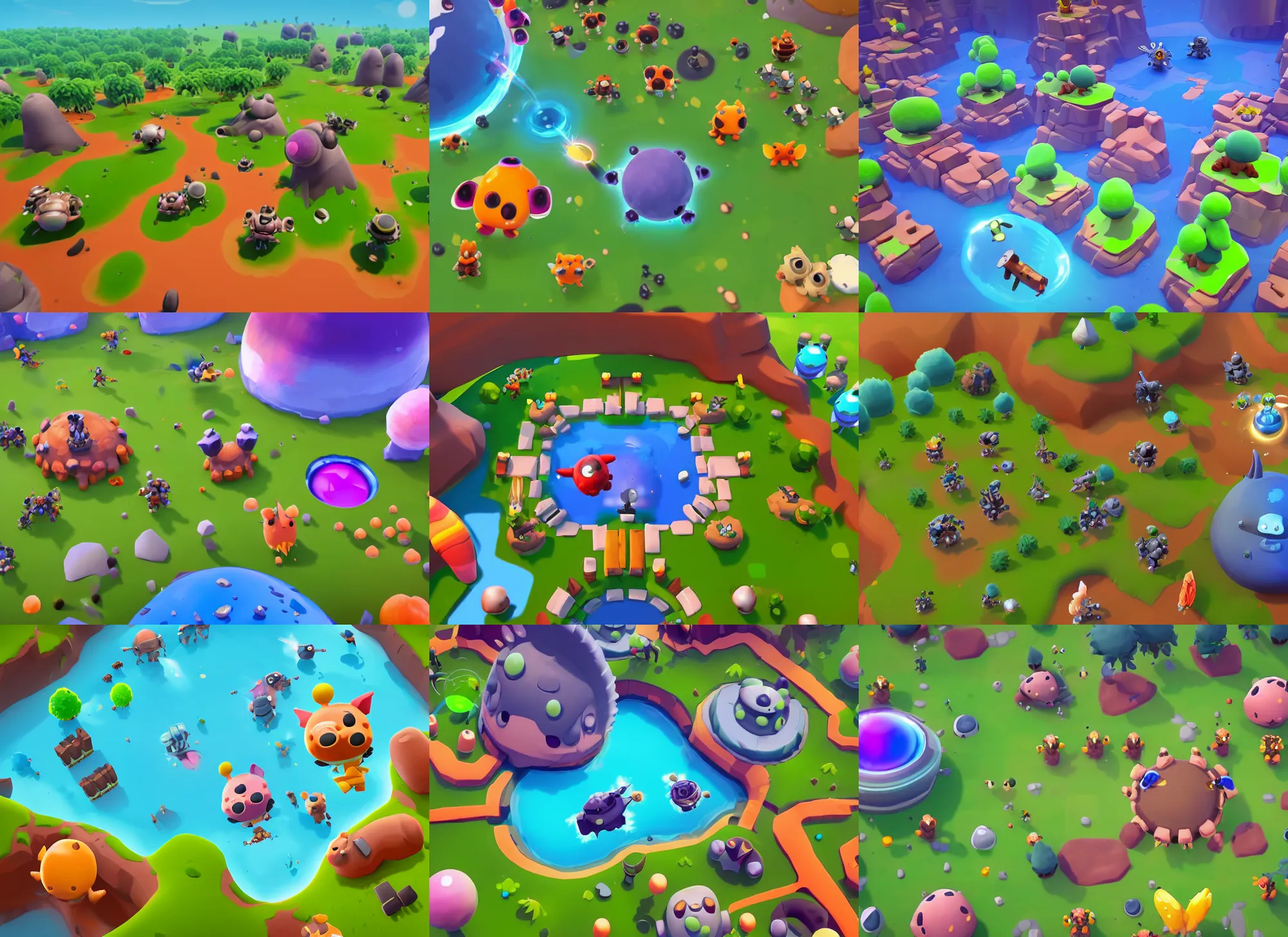 Prompt: mobile battle royale game about alien cute little animals that land on a planet with different biomes, craters, alien capsules, bushes in the visual style of Spore and Brawl Stars, view from above and slightly behind