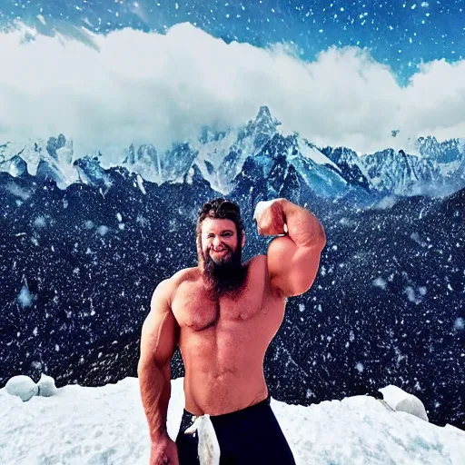 Prompt: muscular yeti on the top of a snowy mountain, galaxy in the sky