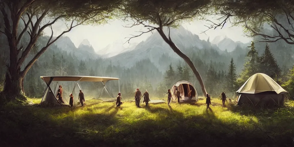 Image similar to cabela's tent futuristic pop up family pod, cabin, modular, person in foreground, mountainous forested wilderness open fields, beautiful views, painterly concept art, joanna gaines, environmental concept art, farmhouse, magnolia, concept art illustration by ross tran, by james gurney, by craig mullins, by greg rutkowski trending on artstation