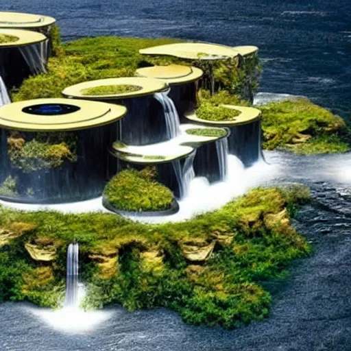 Image similar to a futuristic modern house, on a floating rock island, alien planet covered in water, multiple waterfalls, multiple moons glowing, stars, frank gehry