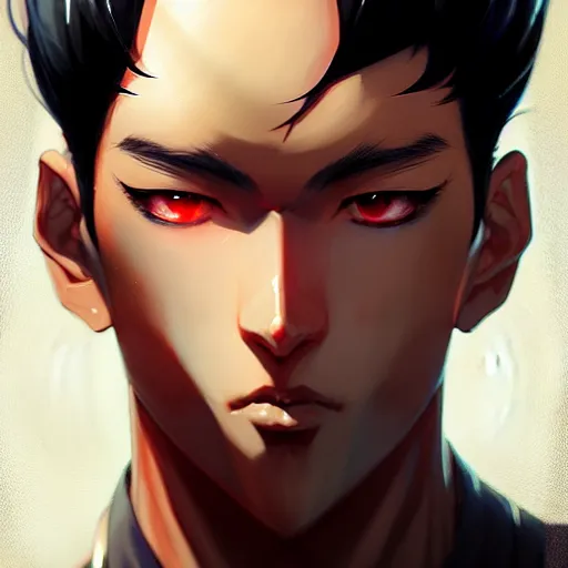 Image similar to anime portrait of a slick black hair guy with red eyes by stanley artgerm lau, wlop, rossdraws, james jean, andrei riabovitchev, marc simonetti, and sakimichan, trending on artstation