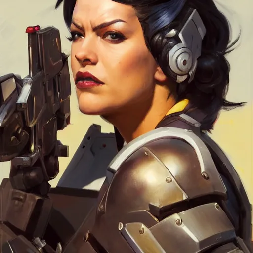 Image similar to greg manchess portrait painting of armored neena thurman aka domino as overwatch character, medium shot, asymmetrical, profile picture, organic painting, sunny day, matte painting, bold shapes, hard edges, street art, trending on artstation, by huang guangjian and gil elvgren and sachin teng