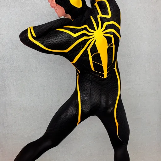 Prompt: golden spiderman suit with black webbing