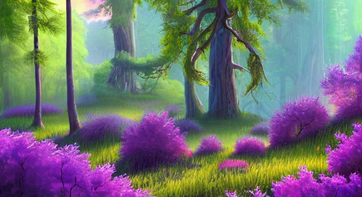 Image similar to A professional digital landscape painting of The Feywild forests overlooking a mansion, painted by Terese Nielsen, 4k, digital art, highly detailed, upper body shot, shallow depth of field, purple and yellow lighting, professional lighting, airbrush,