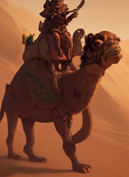 Image similar to portrait of a goblin as an arab riding a camel, trending in artstation, cinematic lighting, studio quality, smooth render, unreal engine 5 rendered, octane rendered, art style by klimt and nixeu and ian sprigger and wlop and krenz cushart.