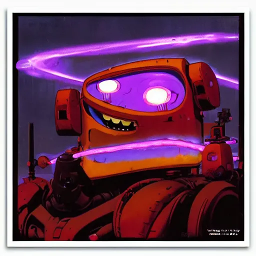 Image similar to a dark and colorful close - up of a sci - fi mecha courage the cowardly dog with led lights glowing fog in the background. highly detailed science fiction painting by norman rockwell, frank frazetta, and syd mead. rich colors, high contrast, gloomy atmosphere, dark background. trending on artstation