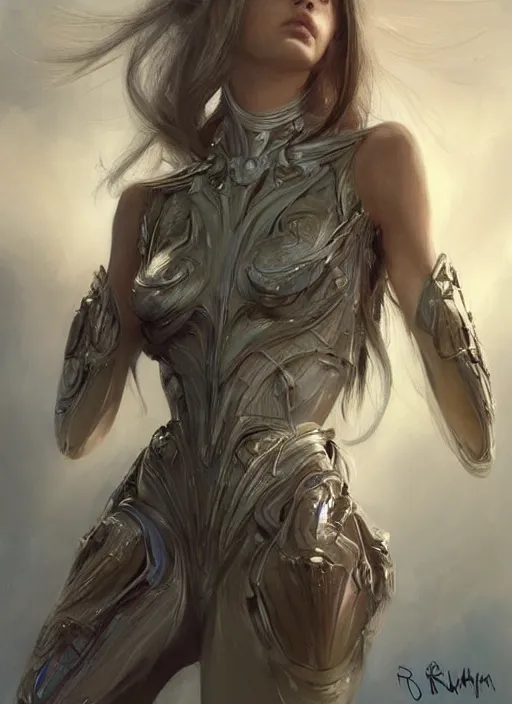 Image similar to a professional painting of a beautiful young female alien, clothed in ethereal armor, olive skin, long dark hair, beautiful bone structure, symmetrical facial features, intricate, elegant, digital painting, concept art, smooth, sharp focus, illustration, from Valerian and the City of a Thousand Planets, by Ruan Jia and Mandy Jurgens and Artgerm and William-Adolphe Bouguerea