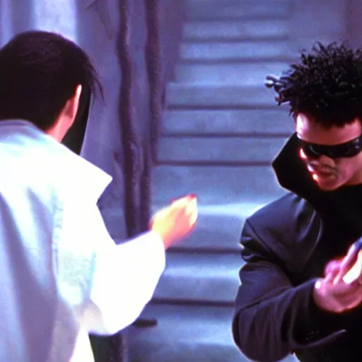 Image similar to neo slaps morpheus instead of choosing a pill, still from the matrix