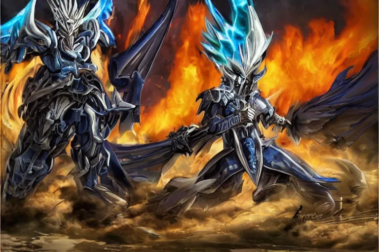 Image similar to a blue - eyes white dragon ( from the yu - gi - oh ), heavily armed and armored facing down the dark magician ( from yu - gi - oh ), in a dark and gritty version from the makers of mad max : fury road. witness me.
