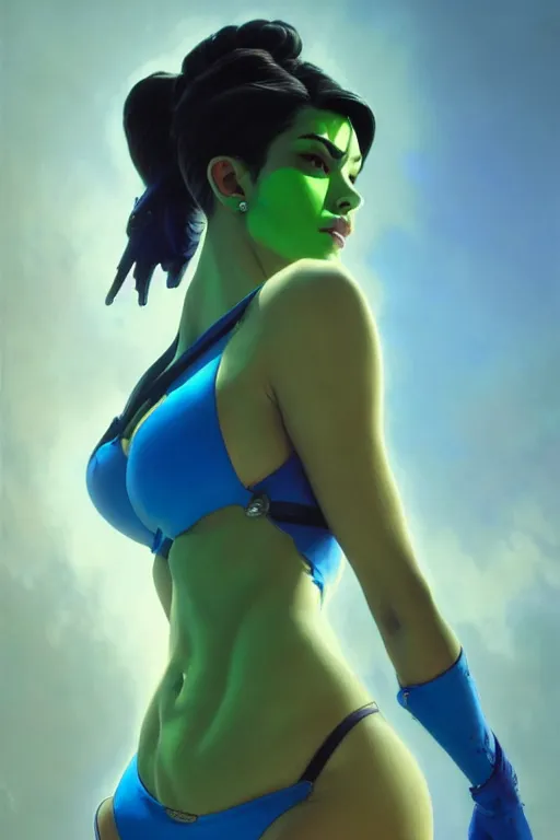 Image similar to painting of widowmaker from overwatch, closed swimsuit, green blue skin color, ultra realistic, sharp details, subsurface scattering, intricate details, warm lighting, beautiful features, highly detailed, photorealistic, octane render, 8 k, unreal engine, art by artgerm and greg rutkowski and alphonse mucha