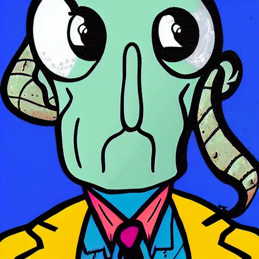 Image similar to don cryptonium as handsome squidward, pop art style, vivid colors, detailed portrait