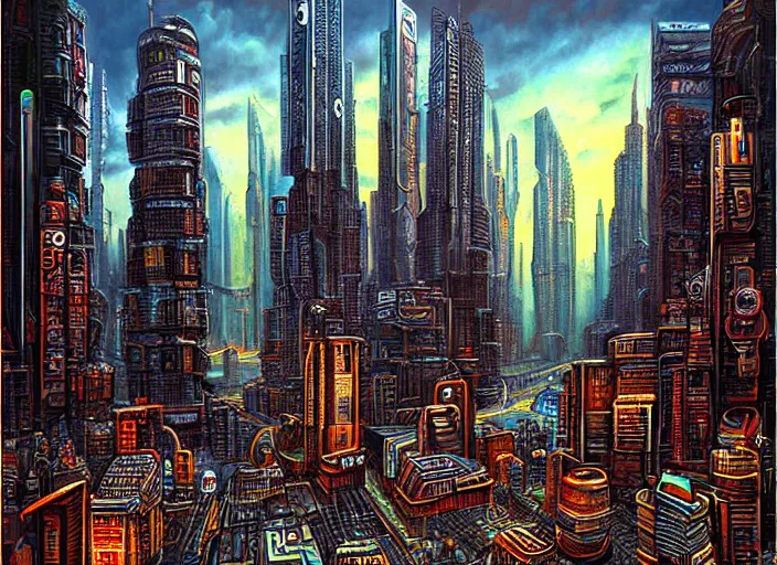 Prompt: a stone age cyberpunk cityscape by vladimir tretchikoff