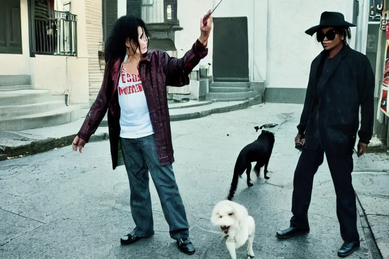 Image similar to photography of michael jackson standing up in the streets of neighborhood with a dog, dynamic lighting, cinematic, high resolution, high details, hyperrealistic