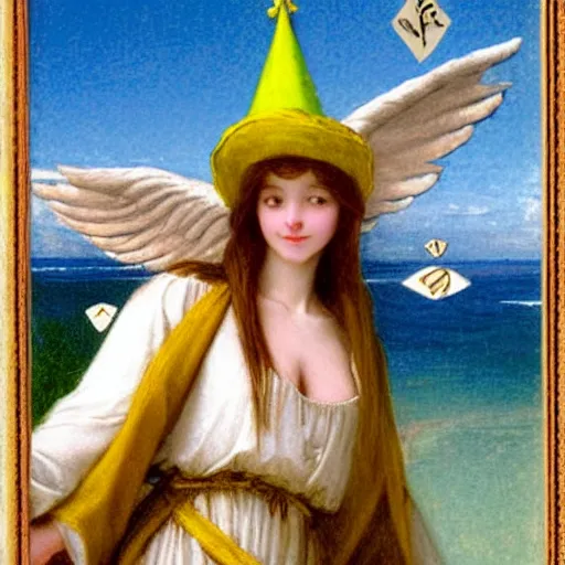 Image similar to An angel with jester hat and clothes on the front of a Balustrade with a beach on the background, major arcana cards, by paul delaroche, hyperrealistic