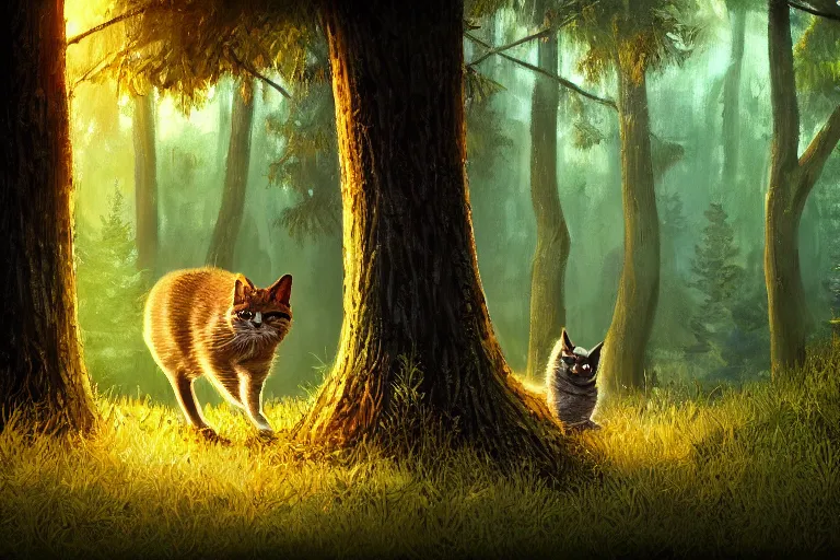 Image similar to a forest with a cat, trending on artstation, by wayne mcloughlin, backlighting