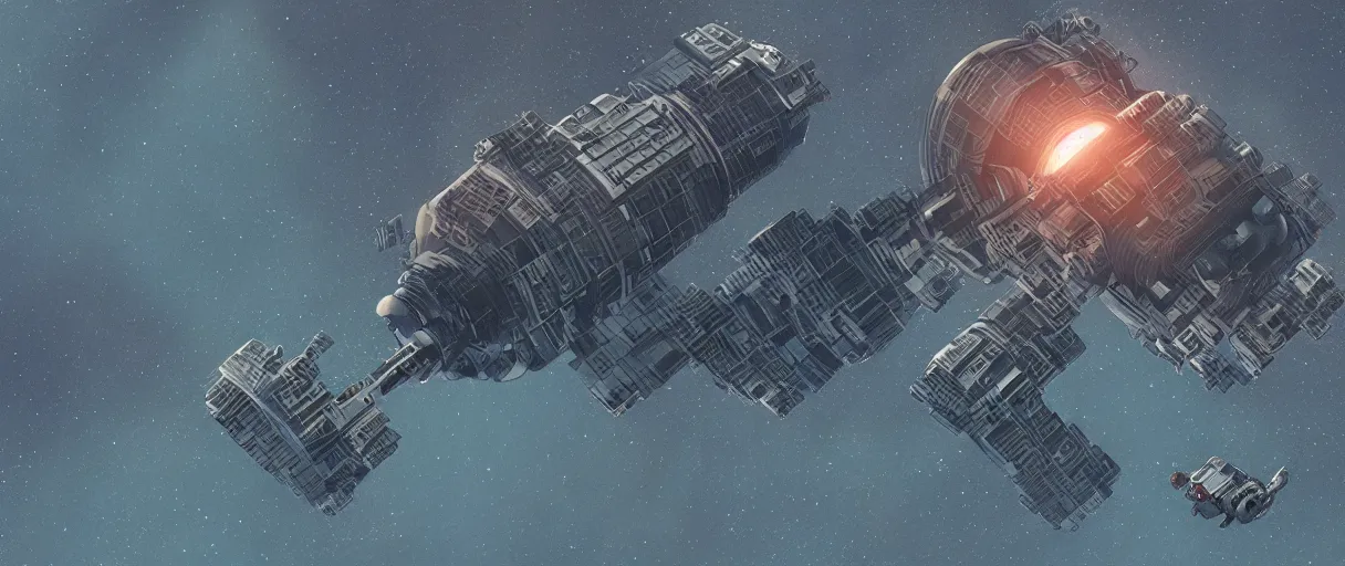 Prompt: illustration, a single small spaceship, deep space exploration, alone, the expanse tv series, industrial design, space travel, intergalactic, cinematic lighting, 4k, greebles, widescreen, wide angle, sharp and blocky shapes, beksinski