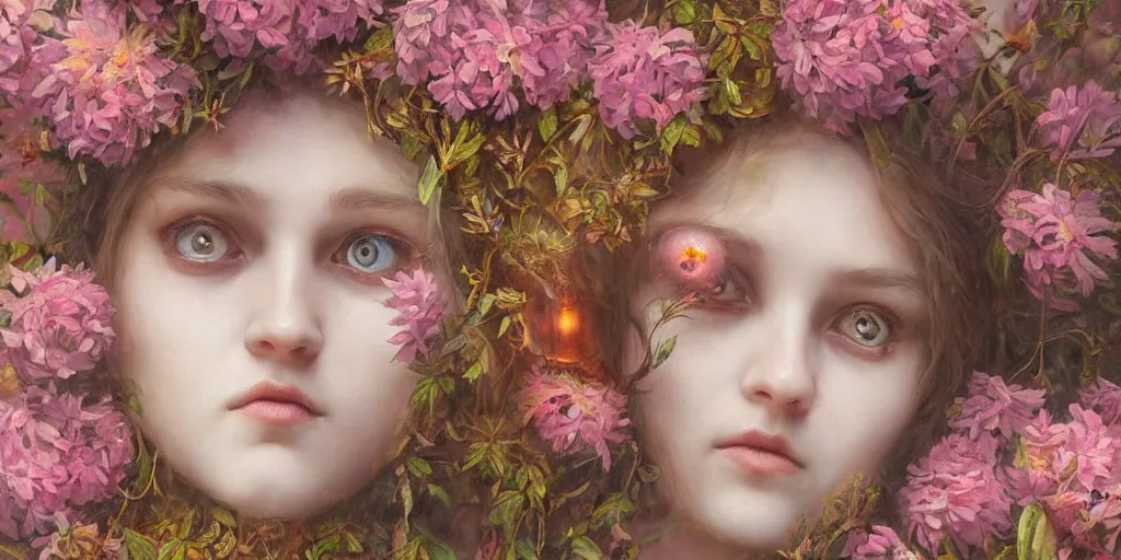 Prompt: breathtaking detailed weird concept art painting of the goddess of light pink flowers, orthodox saint, with anxious, piercing eyes, ornate background, amalgamation of leaves and flowers, by volegov, extremely moody lighting, 8K