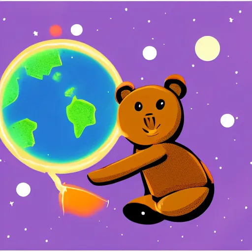 Image similar to cartoon illustration of a bear mascot being launched from a futuristic marble planet, purple and orange cloudland