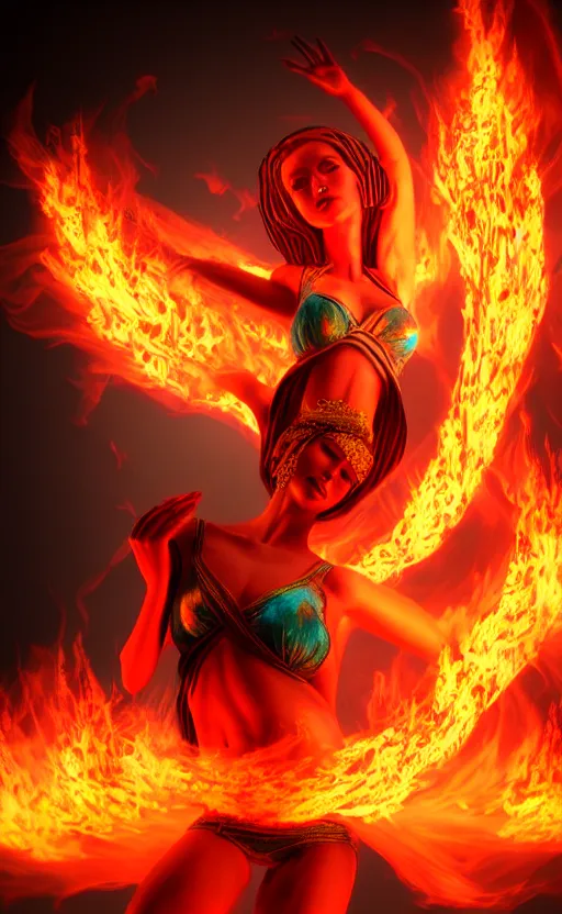 Image similar to women made out of fire dancing in fire, art station, cgsociety, high detail