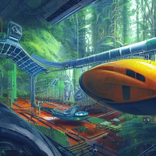 Image similar to legendary space ship, jungle planet, tropical, green forest, alien technology, cinematic, highly detailed, large blue engines, scifi, yellow windows and details, hyper realism, intricate digital painting, mechanics, red glow, gigantic landing pad, scifi base, artstation, by johnson ting, jama jurabaev