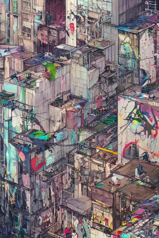 Image similar to people in a busy city people looking at a white building covered with graffiti paint dripping down to the floor, professional illustration by james jean, painterly, yoshitaka amano, hiroshi yoshida, moebius, loish, painterly, and artgerm, illustration