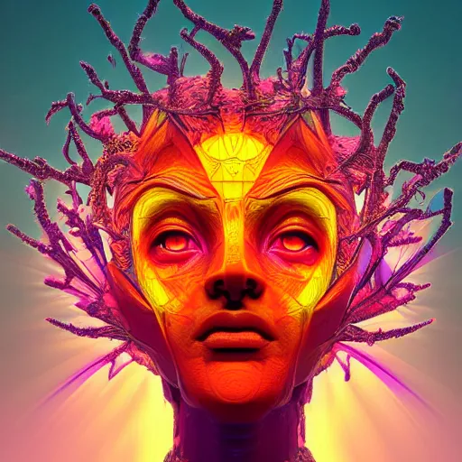 Image similar to Face of a Alien Deity, centered, corals, plume made of geometry, extremly detailed digital painting, sharp focus in the style of android jones, artwork of a futuristic artificial intelligence superstar with frames made of detailed circuits, mystical colors, rim light, beautiful lighting, 8k, stunning scene, raytracing, octane, under water visual distortion, dark tones colors, trending on artstation