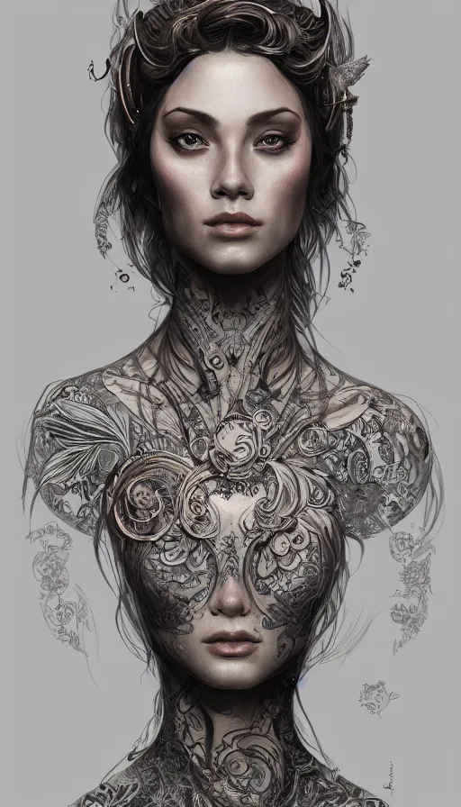 Image similar to tattooed lady, fame of thrones, fibonacci, sweat drops, intricate fashion clothing, insane, intricate, highly detailed, digital painting, artstation, concept art, smooth, sharp focus, illustration, Unreal Engine 5, 8K, art by artgerm and greg rutkowski and alphonse mucha