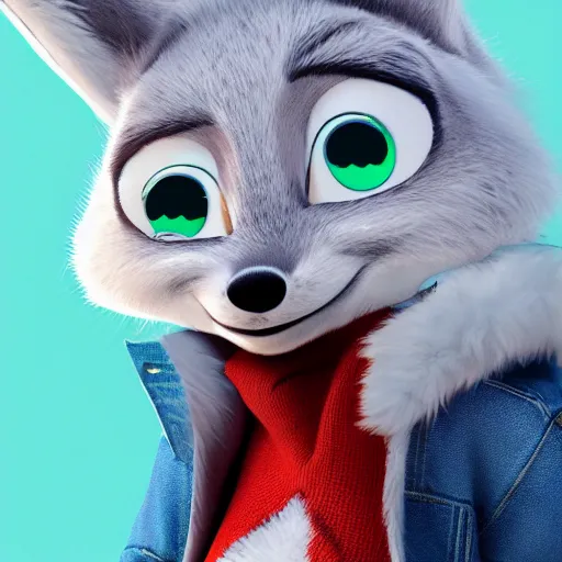 Prompt: upper half portrait of a anthropomorphic female snowfox with short fur covering her body, wearing a denim jacket in the style of zootopia, far shot,