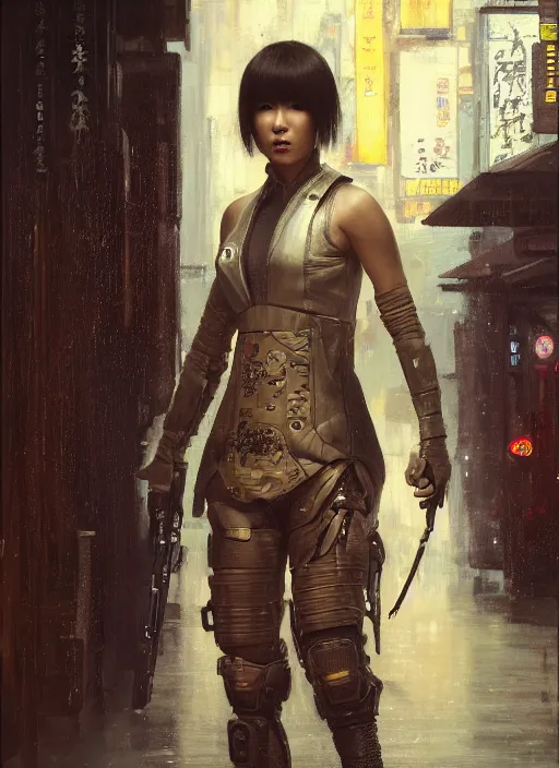 Image similar to Maria Tanaka. female Cyberpunk samurai wearing military vest walking through nightclub (blade runner 2049, cyberpunk 2077). Orientalist portrait by john william waterhouse and James Gurney and Theodore Ralli and Nasreddine Dinet, oil on canvas. Cinematic, hyper realism, realistic proportions, dramatic lighting, high detail 4k