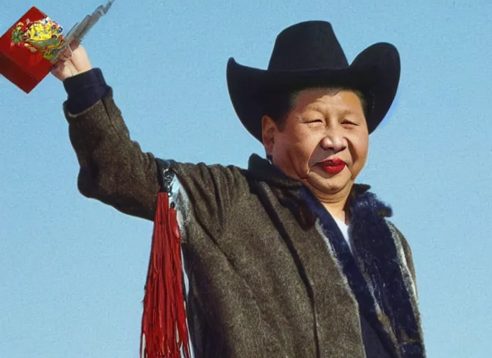 Image similar to xi jinping dressed as a cowboy wearing a disguise while he sinks into a tar pit wide shot, from the hit 9 0 s tv show