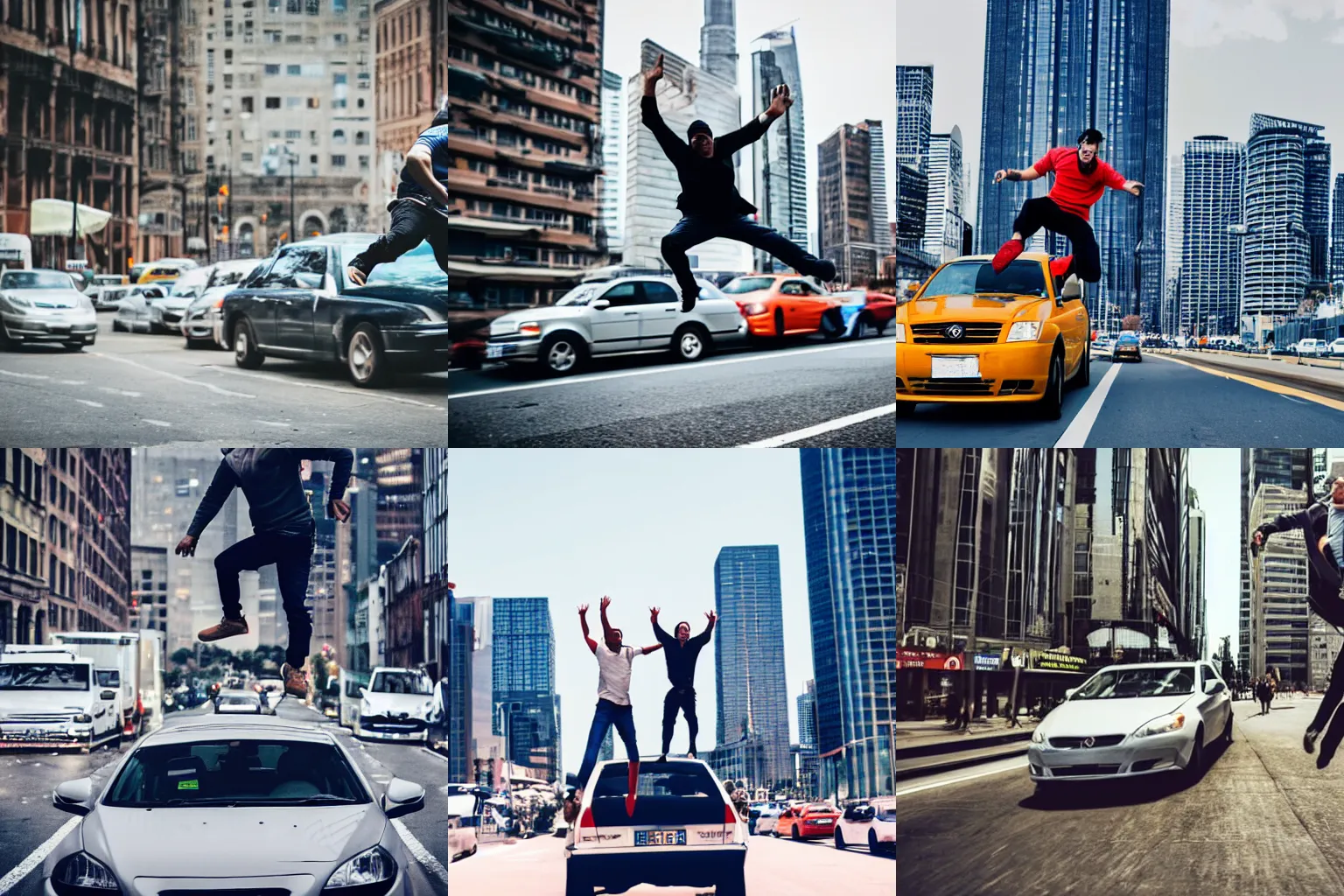 Prompt: man jumping on a car flying around a city