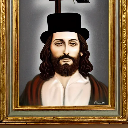 Image similar to jesus on the cross wearing a tophat and tuxedo, crucifixion, intricate detail, realistic, studio photo,