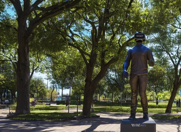 Image similar to photo still of a bronze statue of a man gaming in vr in a park on a bright sunny day, 8 k 8 5 mm f 1 6