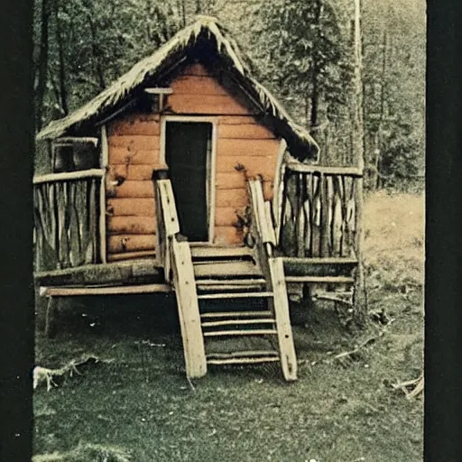 Image similar to A vintage photo of a witches hut with a witch standing on the Porch, 70s, vintage, old