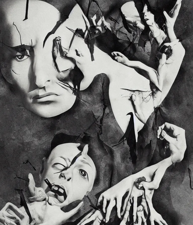 Image similar to Beautiful Minimalist!! Horror Movie Poster made for the film Kafka's the Metamorphosis (1952) Starring Peter Lorre and a giant insect and Directed by Fritz Lang, photo collage and oil painting by H R Giger and Hans Bellmer and Man Ray, trending on artstation dramatic lighting minimalist! collage 8k