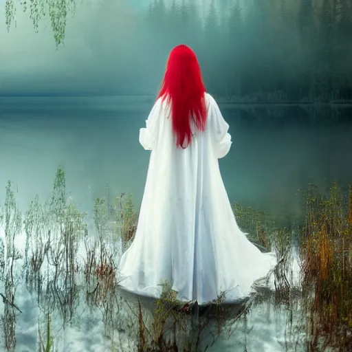 Prompt: a beautiful painting of a lady with white long hair and dressed with a red victorian cloak, seen from behind, standing in a lake, mist, morning light, dreamy atmosphere, cinematic