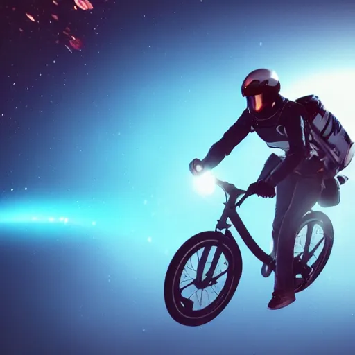 Prompt: A portrait of a man riding a bicycle in space, backlight, volumetric lighting, detailed, trending on artstation, 8k, octane render