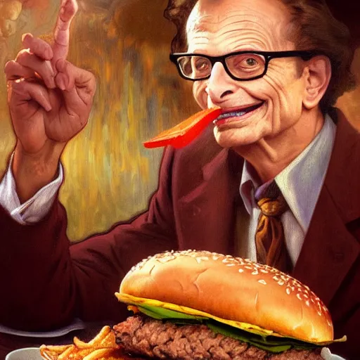 Prompt: painted portrait of ( larry king ) eating giant hamburgers, mature, handsome, fantasy, intricate, elegant, highly detailed, digital painting, artstation, concept art, sharp focus, illustration, illumination, holy ethereal light, art by gaston bussiere and alphonse mucha