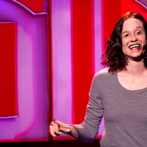 Image similar to film still of netflix comedy special. 3 8 - year - old, short height, good - looking, standup comedian, skateboarder style, pale complexion, female, irish and italian and jewish descent, fit, on stage, laughing, telling jokes