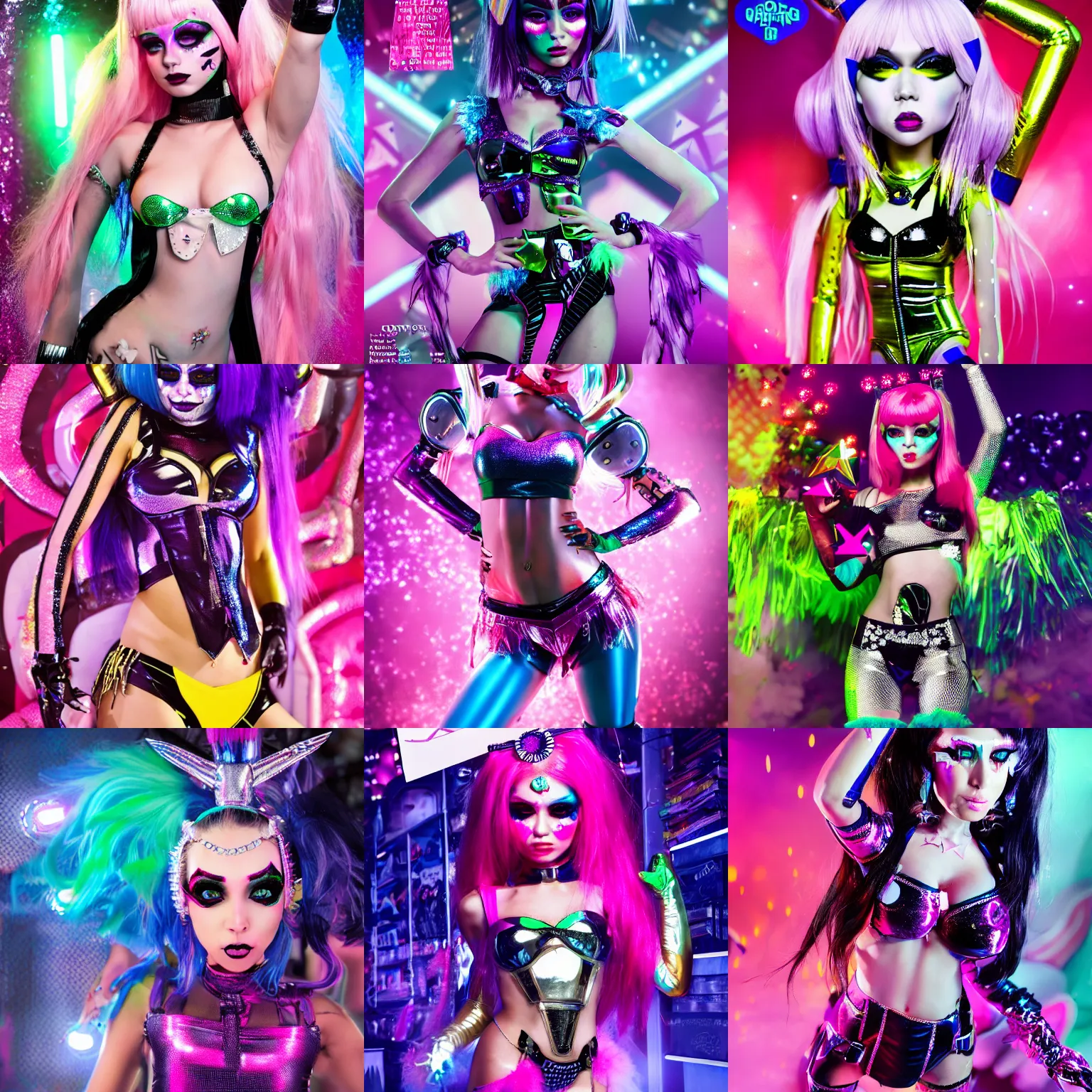 Prompt: magazine cover :: of a cute gorgeous Ukrainian college girl scene raver gogo dancer cyborg wearing a shiny outfit in a crowded packed store, monster high makeup, pouting, pouty look :: octane render, volumetric lighting, trending on artstation, anime, ue5, photoreal, rossdraws, ::