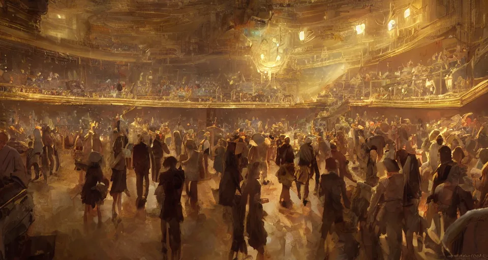 Image similar to craig mullins and ghibli digital art of inside the grand theater, many audience, on the stage, masked female violinists, exotic costumes, gold jewelry, black hair, solo performance unreal engine, hyper realism, realistic shading, cinematic composition, realistic render, octane render, detailed textures, photorealistic, wide shot