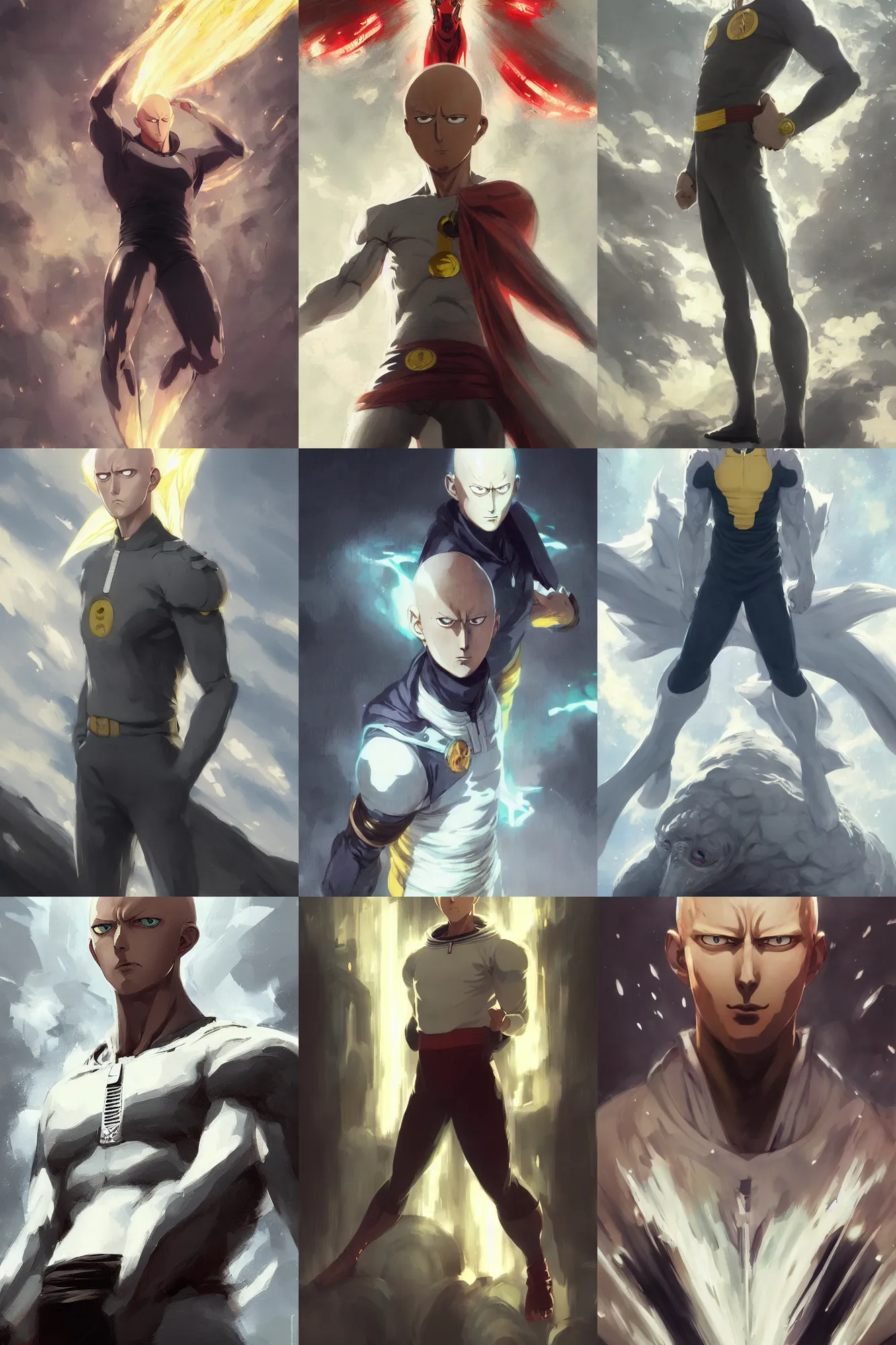Prompt: full length portrait of saitama from one punch man by greg rutkowski, highly detailed, portrait, scifi, digital painting, artstation, concept art, smooth, sharp focc