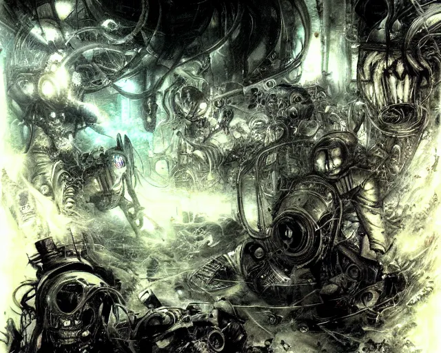 Prompt: lost in cyberspace with servitors chasing me, dim lighting, royo, giger, frazetta, whealan,