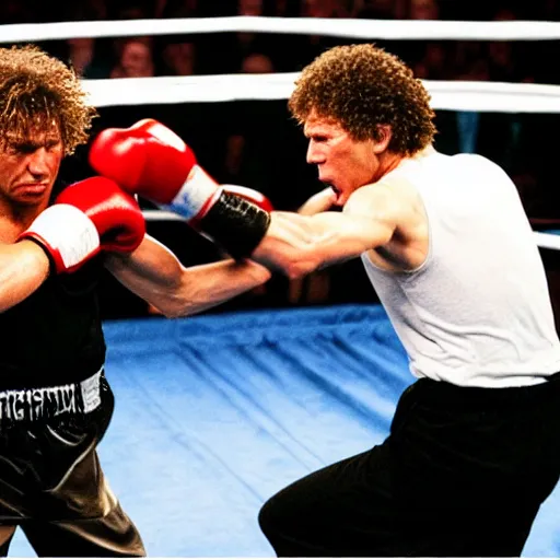 Prompt: ”ESPN photograph of Zack de la Rocha punching Jon Bon Jovi in boxing match, 4k uhd”