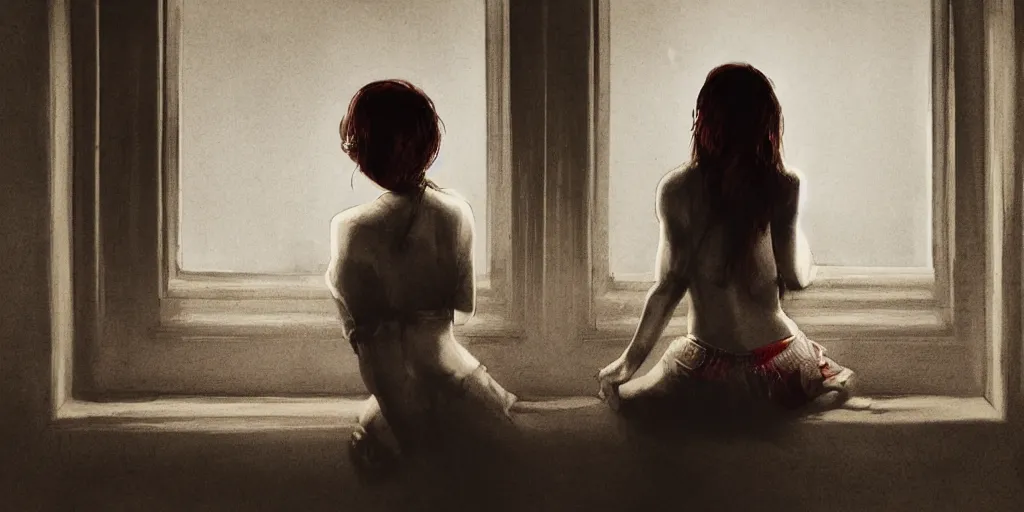 Prompt: the girl on a windowsill, full - body portrait, dramatic lighting, hyper detailed, cinematic composition