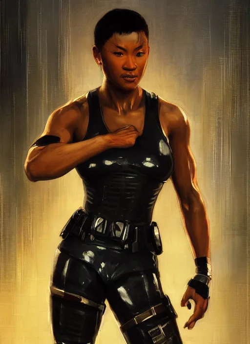 Prompt: black chun li teaching martial arts. cyberpunk police trooper in a military vest ( blade runner 2 0 4 9, cyberpunk 2 0 7 7 ). orientalist portrait by john william waterhouse and james gurney and theodore ralli and nasreddine dinet, oil on canvas. cinematic, hyper realism, realistic proportions, dramatic lighting, high detail 4 k